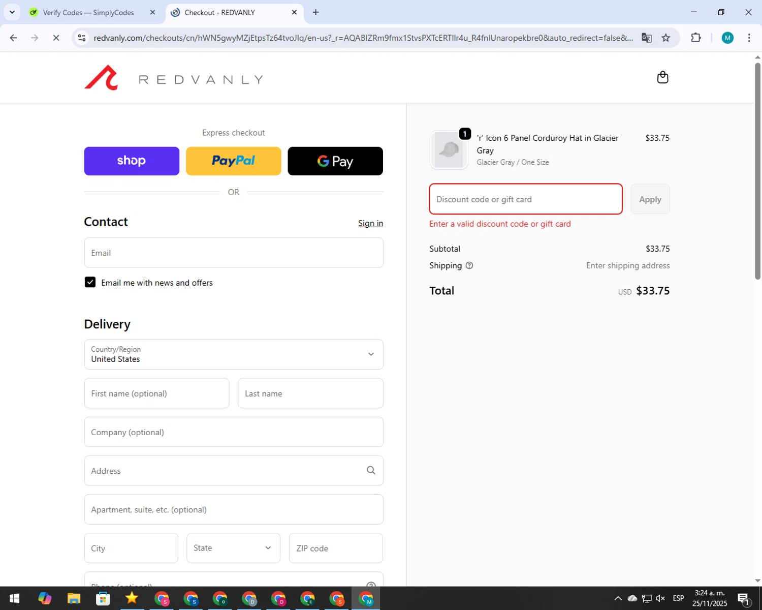 REDVANLY discount code screenshot showing code FAMILYSHIPPING applied at REDVANLY checkout page. Uploaded by SimplyCodes community member 000005 on Nov 25, 2025