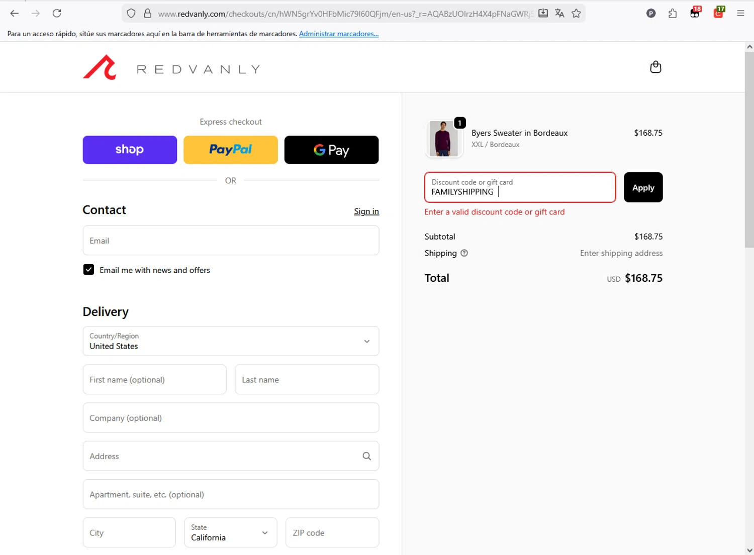REDVANLY discount code screenshot showing code FAMILYSHIPPING applied at REDVANLY checkout page. Uploaded by SimplyCodes community member CleverFox1674 on Nov 25, 2025