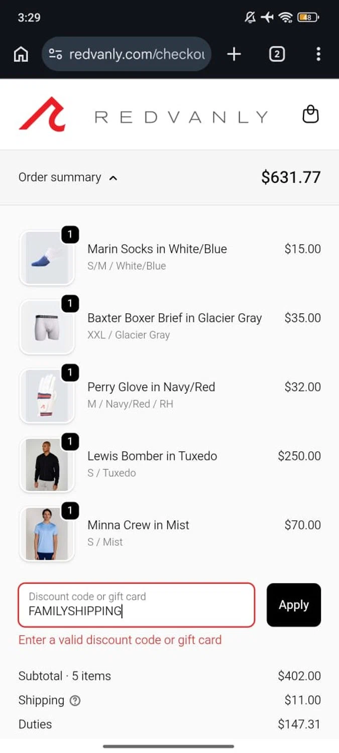 REDVANLY discount code screenshot showing code FAMILYSHIPPING applied at REDVANLY checkout page. Uploaded by SimplyCodes community member RoyalSpotter5217 on Feb 19, 2026