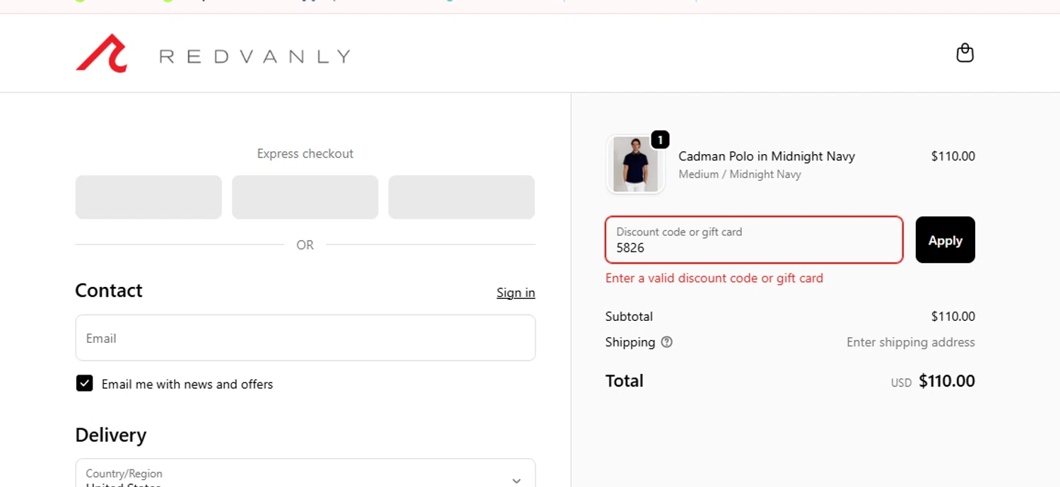 REDVANLY discount code screenshot showing code 5826 applied at REDVANLY checkout page. Uploaded by SimplyCodes community member Mileidy on Jan 25, 2026