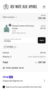Red White Blue Apparel coupon verification screenshot
