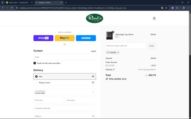 Reed's checkout page showing Reed's promo code box | Screenshot taken by SimplyCodes community member on Jul 21, 2025