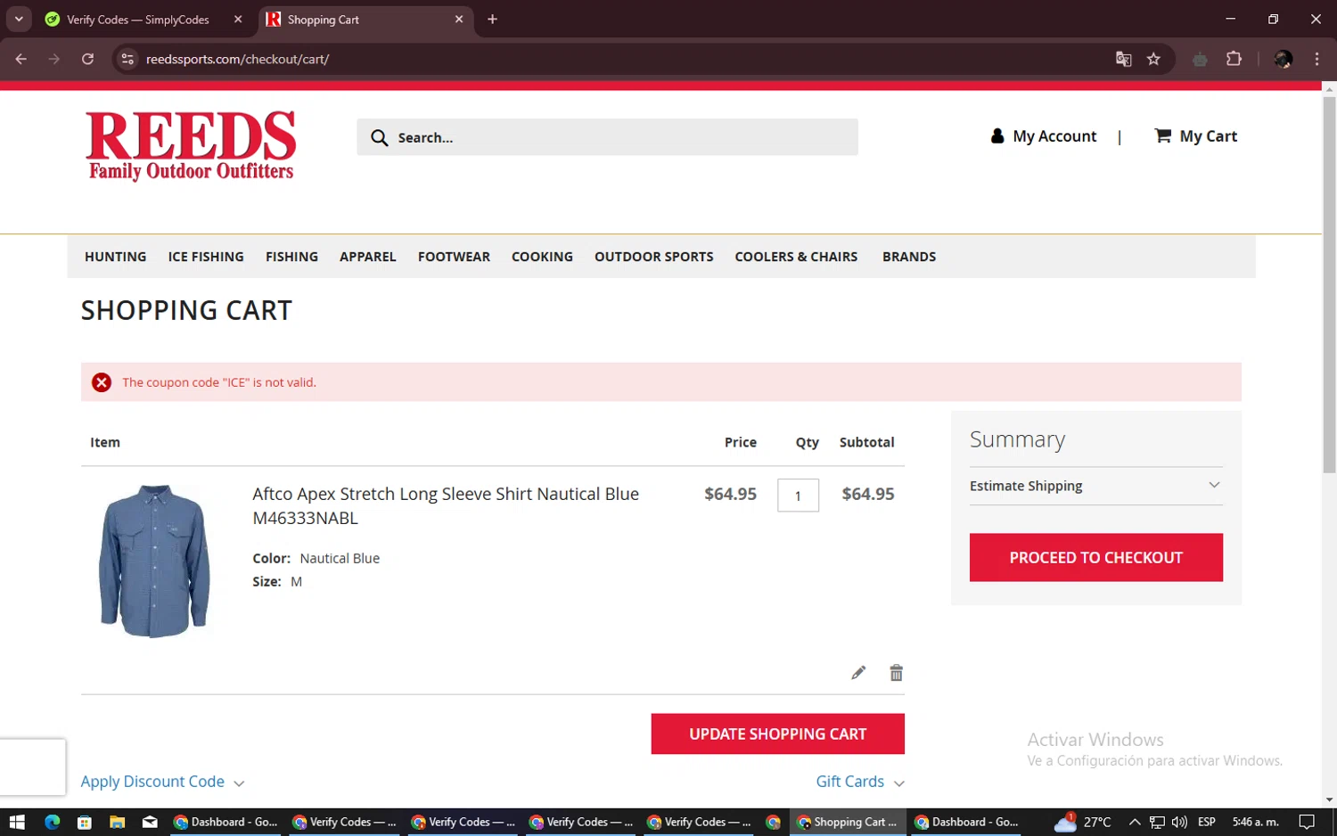 Reeds Sports promo code screenshot showing code ICE applied at Reeds Sports checkout page. Uploaded by SimplyCodes community member alexdaal on Feb 4, 2025