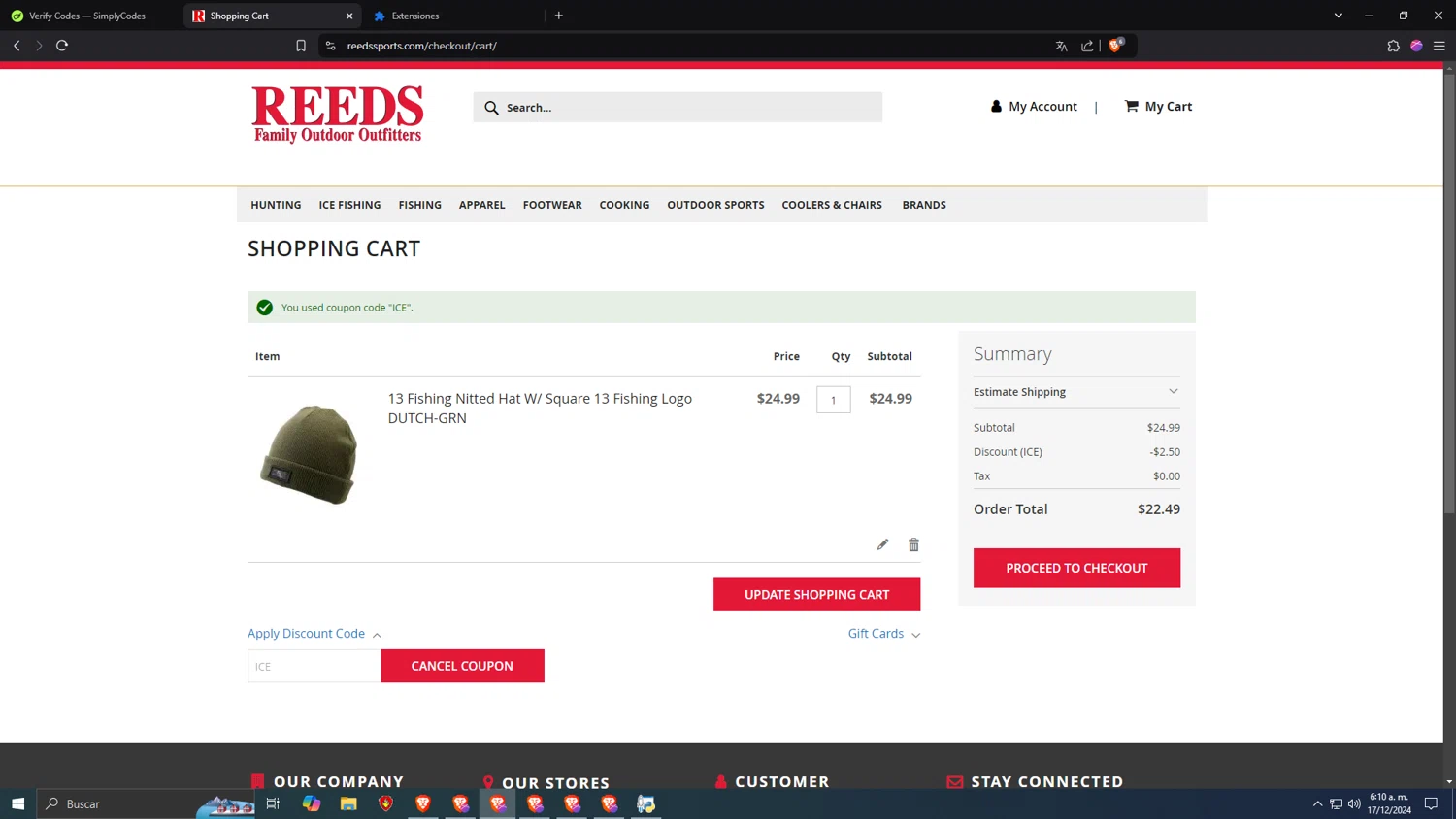 Reeds Sports checkout page showing Reeds Sports promo code box | Screenshot taken by SimplyCodes community member on Dec 17, 2024