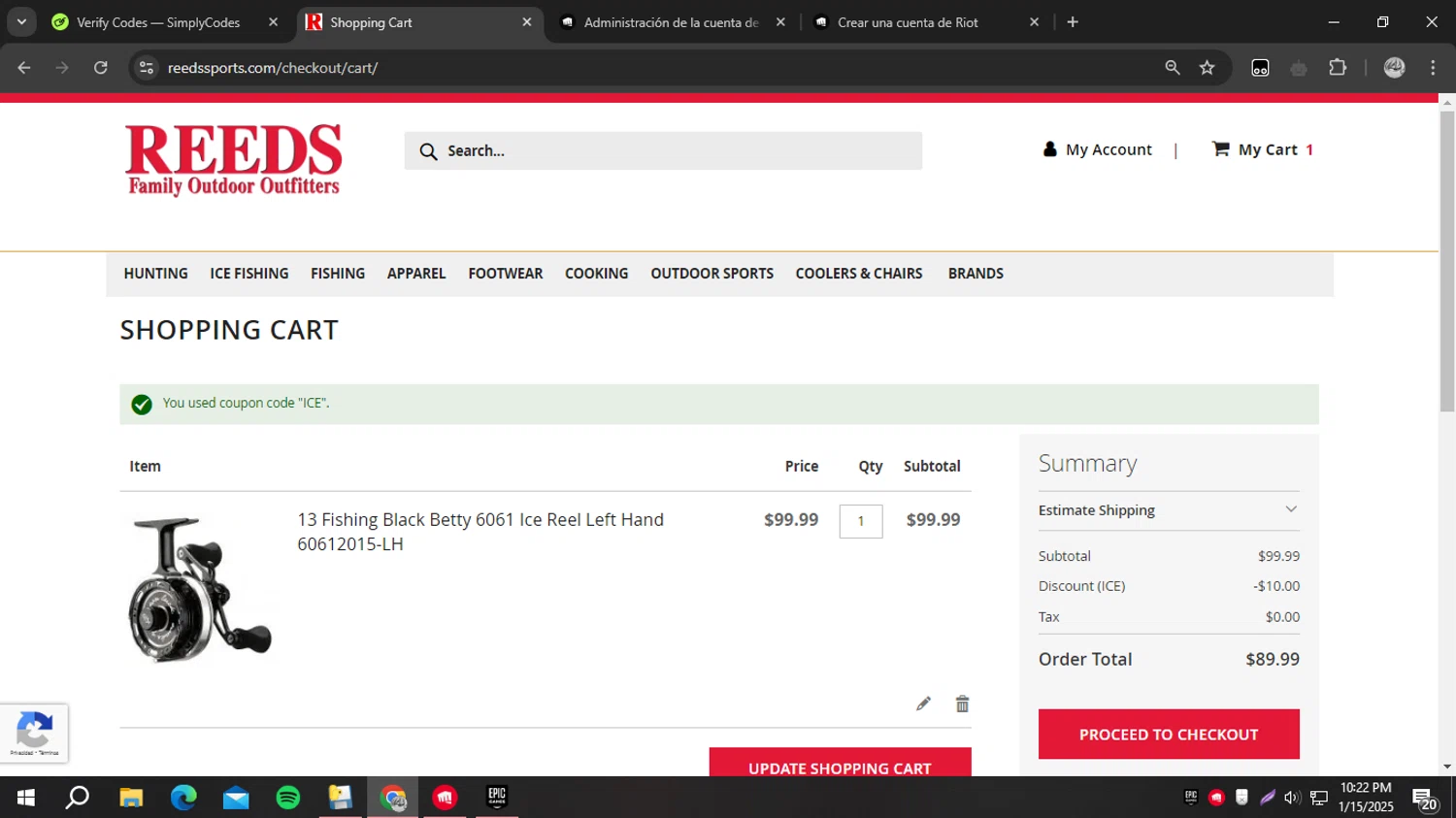 Reeds Sports checkout page showing Reeds Sports promo code box | Screenshot taken by SimplyCodes community member on Jan 15, 2025