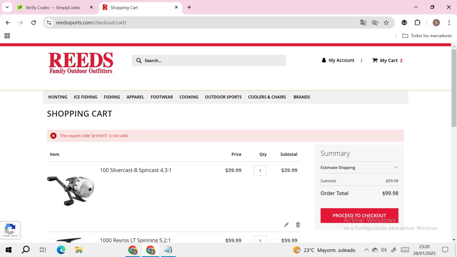 Reeds Sports promo code screenshot showing code prime15 applied at Reeds Sports checkout page. Uploaded by SimplyCodes community member RoyalHero6815 on Jan 29, 2025