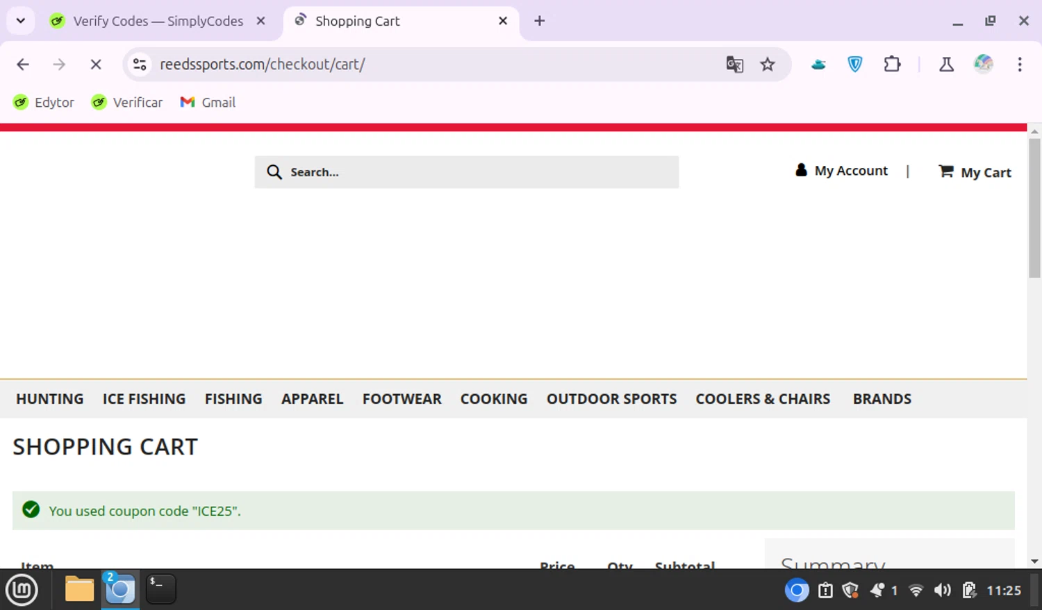 Reeds Sports checkout page showing Reeds Sports promo code box | Screenshot taken by SimplyCodes community member on Dec 2, 2024