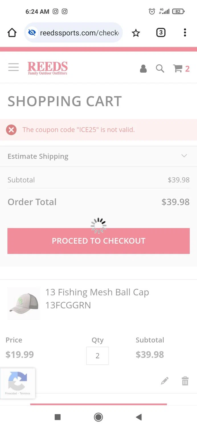 Reeds Sports promo code screenshot showing code ICE25 applied at Reeds Sports checkout page. Uploaded by SimplyCodes community member Piolin on Jan 21, 2025