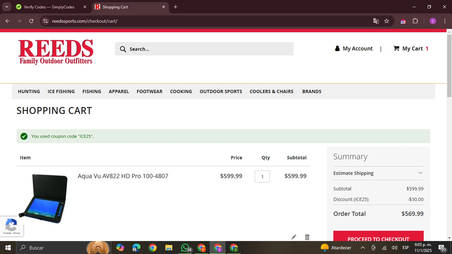 Reeds Sports checkout page showing Reeds Sports promo code box | Screenshot taken by SimplyCodes community member on Jan 11, 2025