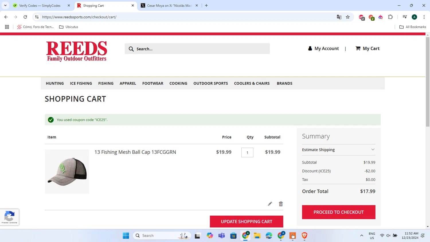 Reeds Sports checkout page showing Reeds Sports promo code box | Screenshot taken by SimplyCodes community member on Dec 23, 2024