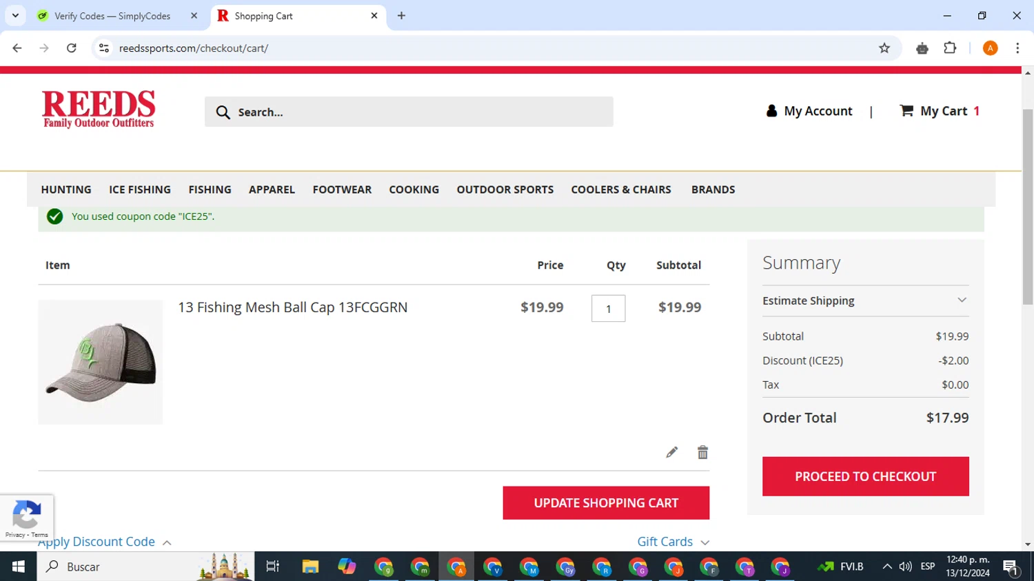 Reeds Sports checkout page showing Reeds Sports promo code box | Screenshot taken by SimplyCodes community member on Dec 13, 2024