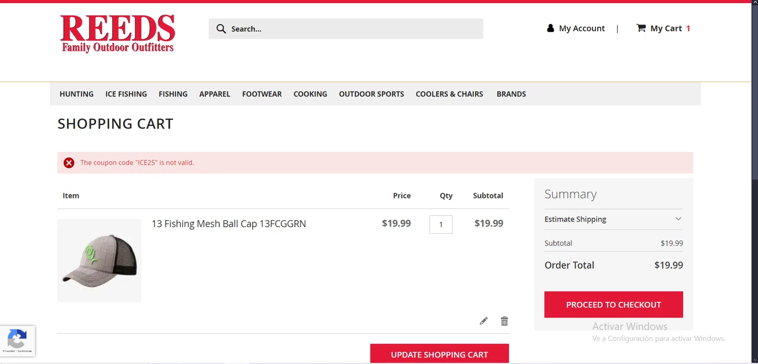 Reeds Sports promo code screenshot showing code ICE25 applied at Reeds Sports checkout page. Uploaded by SimplyCodes community member comepingas on Jan 21, 2025