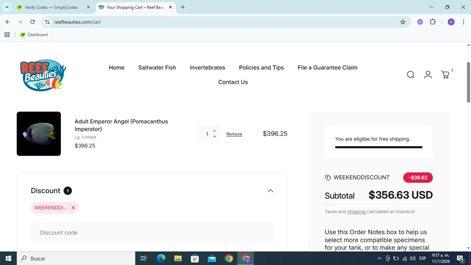 Reef Beauties promo code screenshot showing code WEEKENDDISCOUNT applied at Reef Beauties checkout page. Uploaded by SimplyCodes community member Esteban14 on Jan 11, 2026