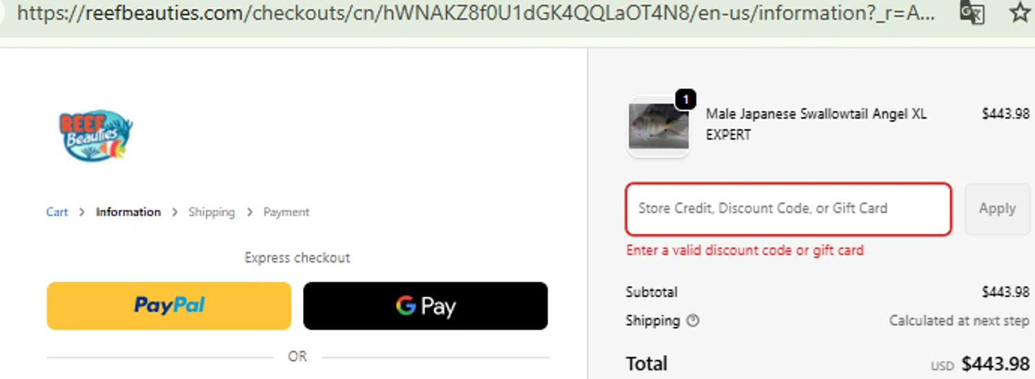 Reef Beauties promo code screenshot showing code MIDWEEKDISCOUNT225 applied at Reef Beauties checkout page. Uploaded by SimplyCodes community member RewardFinder4836 on Mar 27, 2026