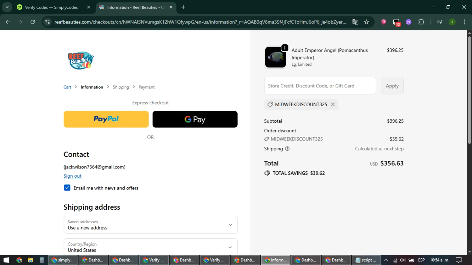 Reef Beauties promo code screenshot showing code MIDWEEKDISCOUNT325 applied at Reef Beauties checkout page. Uploaded by SimplyCodes community member ShieldFinder369 on Mar 26, 2026