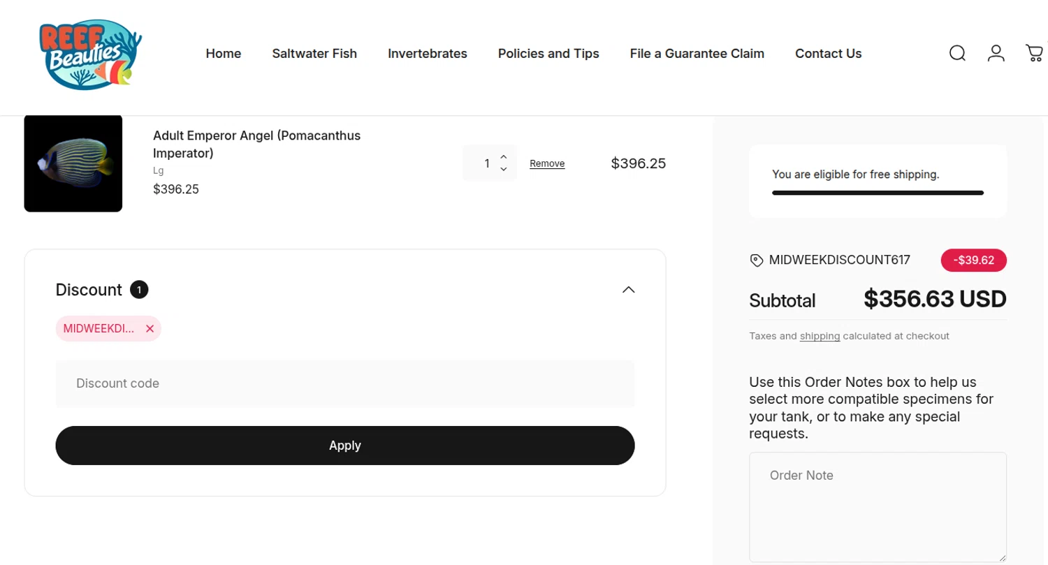 Reef Beauties promo code screenshot showing code MIDWEEKDISCOUNT617 applied at Reef Beauties checkout page. Uploaded by SimplyCodes community member CARAJITA on Jun 17, 2026