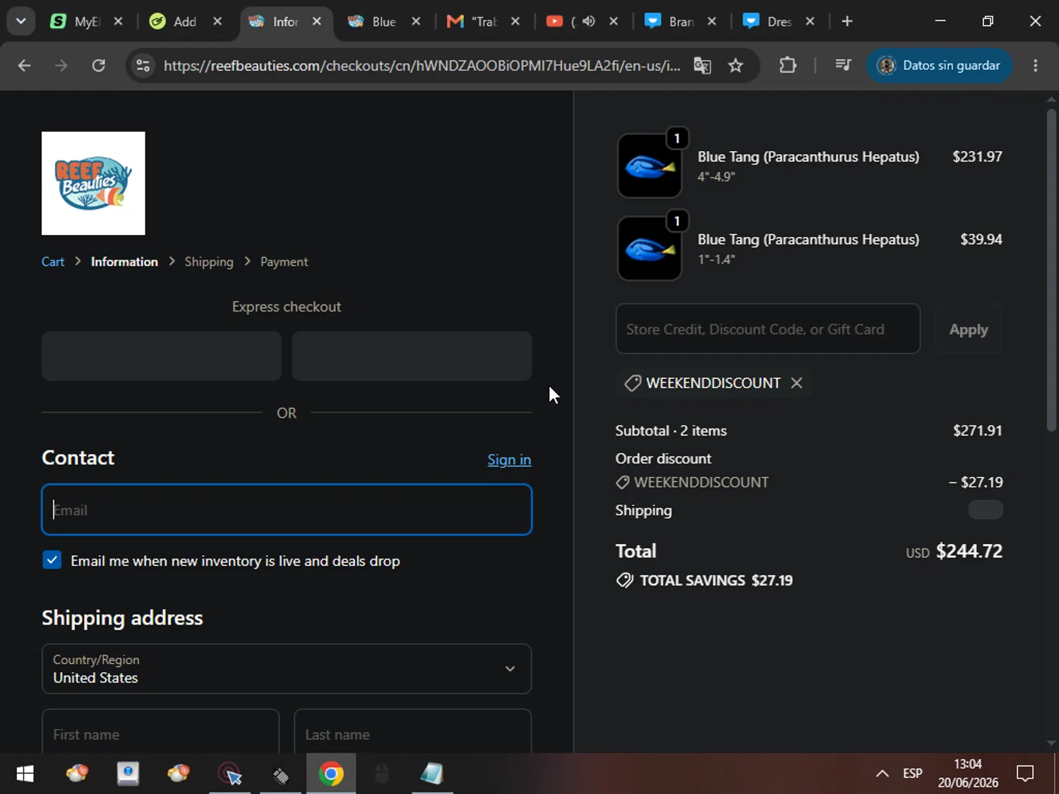 Reef Beauties promo code screenshot showing code WEEKENDDISCOUNT applied at Reef Beauties checkout page. Uploaded by SimplyCodes community member MarcosAranguren on Jun 20, 2026