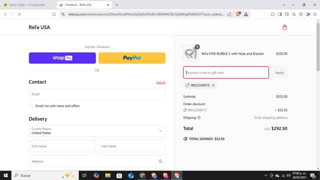 ReFa checkout page showing ReFa promo code box | Screenshot taken by SimplyCodes community member on Mar 28, 2025