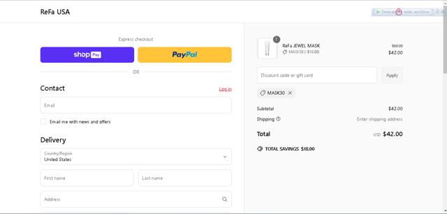 ReFa checkout page showing ReFa promo code box | Screenshot taken by SimplyCodes community member on Mar 25, 2025