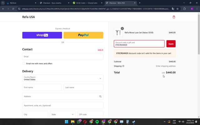 ReFa checkout page showing ReFa promo code box | Screenshot taken by SimplyCodes community member on Feb 24, 2025