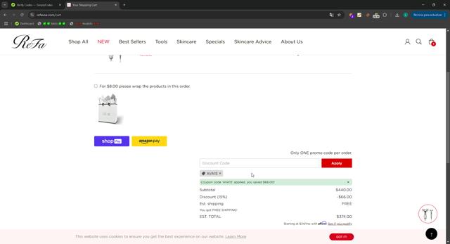 ReFa checkout page showing ReFa promo code box | Screenshot taken by SimplyCodes community member on Feb 24, 2025