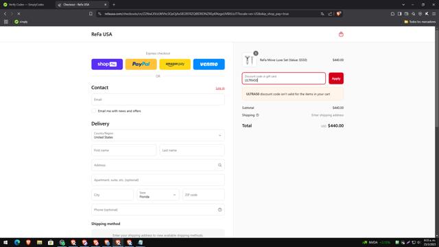 ReFa checkout page showing ReFa promo code box | Screenshot taken by SimplyCodes community member on Mar 25, 2025