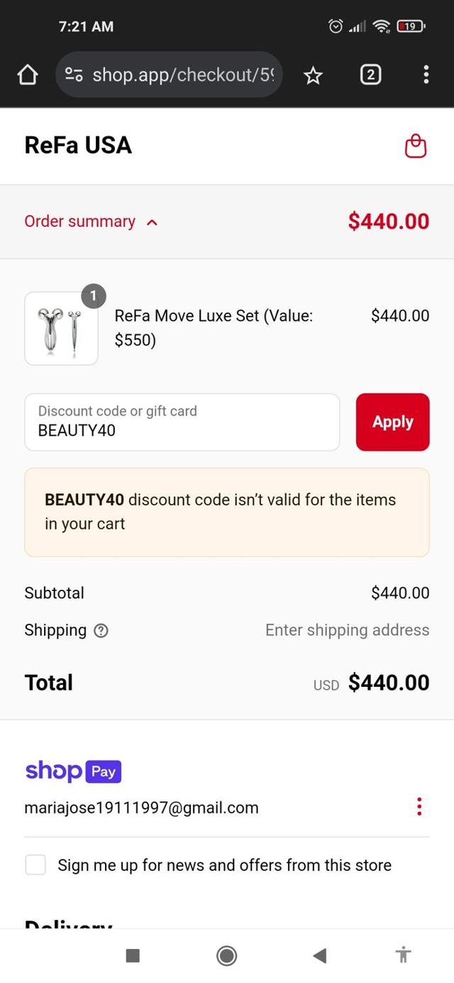 ReFa checkout page showing ReFa promo code box | Screenshot taken by SimplyCodes community member on Mar 25, 2025