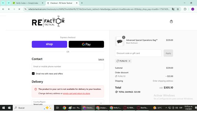 RE Factor Tactical checkout page showing RE Factor Tactical discount code box | Screenshot taken by SimplyCodes community member on Sep 1, 2025