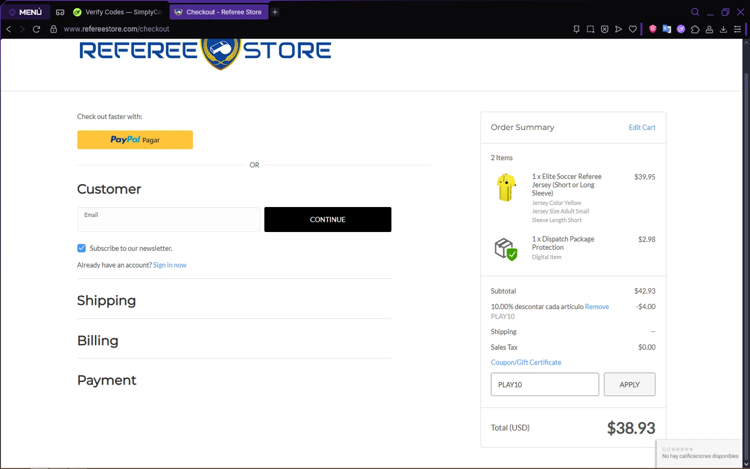 Referee Store coupon code screenshot showing code PLAY10 applied at Referee Store checkout page. Uploaded by SimplyCodes community member FrugalSaver5213 on Jul 19, 2025