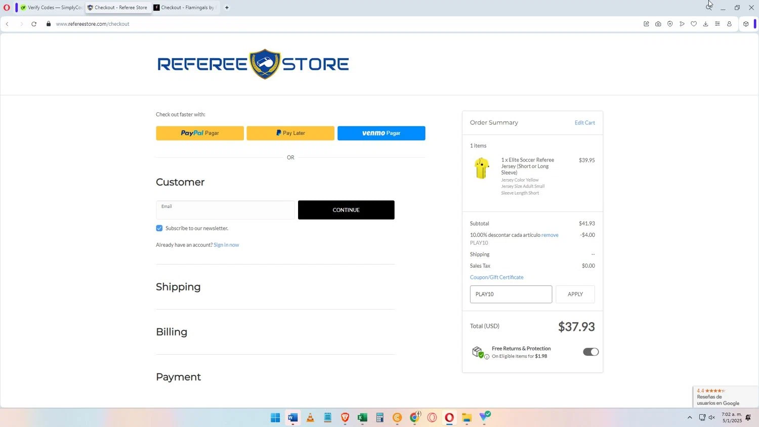 Referee Store coupon code screenshot showing code PLAY10 applied at Referee Store checkout page. Uploaded by SimplyCodes community member Darkosukaru on Jan 5, 2025