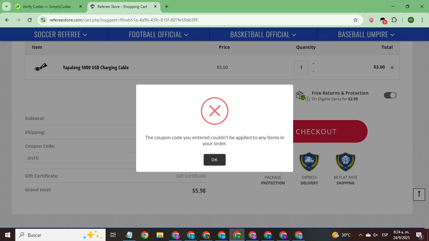Referee Store coupon code screenshot showing code srs10 applied at Referee Store checkout page. Uploaded by SimplyCodes community member CoinSage7057 on Sep 24, 2025
