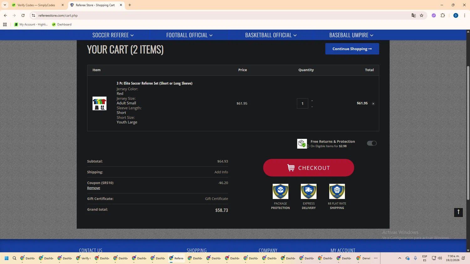 Referee Store checkout page showing Referee Store coupon code box | Screenshot taken by SimplyCodes community member on Feb 19, 2026