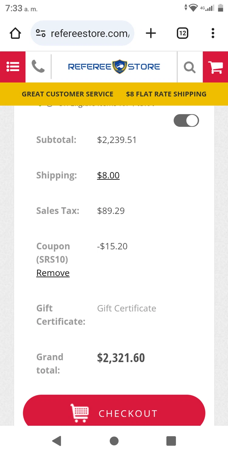 Referee Store coupon code screenshot showing code srs10 applied at Referee Store checkout page. Uploaded by SimplyCodes community member SavingsLegend7908 on Feb 14, 2025