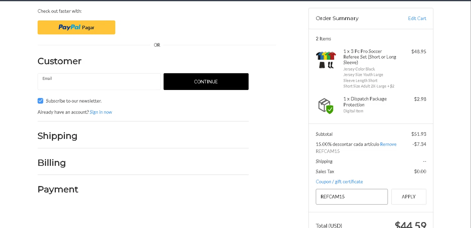 Referee Store coupon code screenshot showing code REFCAM15 applied at Referee Store checkout page. Uploaded by SimplyCodes community member CrownAce9258 on Dec 19, 2025
