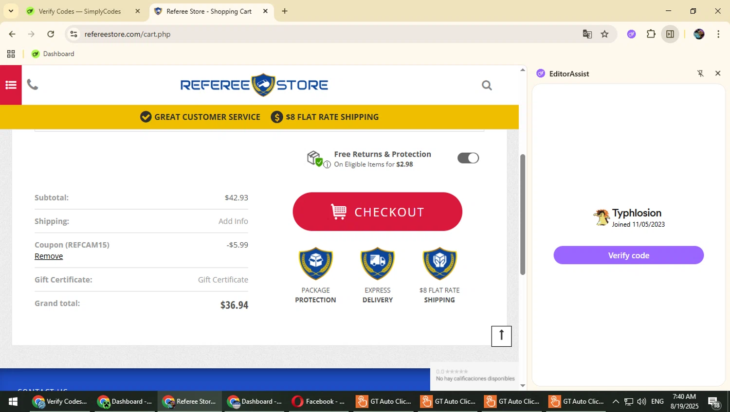 Referee Store coupon code screenshot showing code REFCAM15 applied at Referee Store checkout page. Uploaded by SimplyCodes community member Typhlosion on Aug 19, 2025