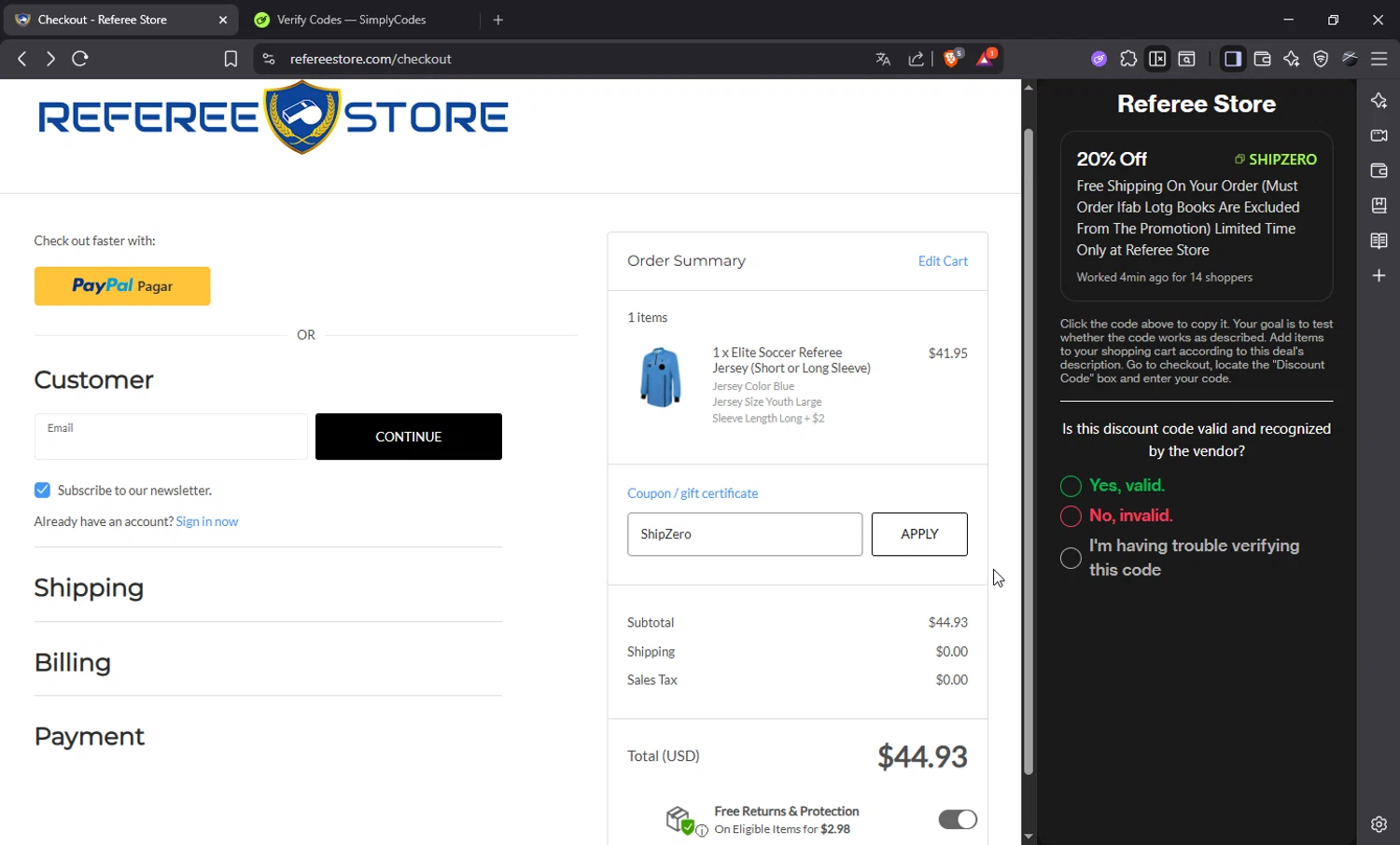 Referee Store checkout page showing Referee Store coupon code box | Screenshot taken by SimplyCodes community member on Jan 10, 2026
