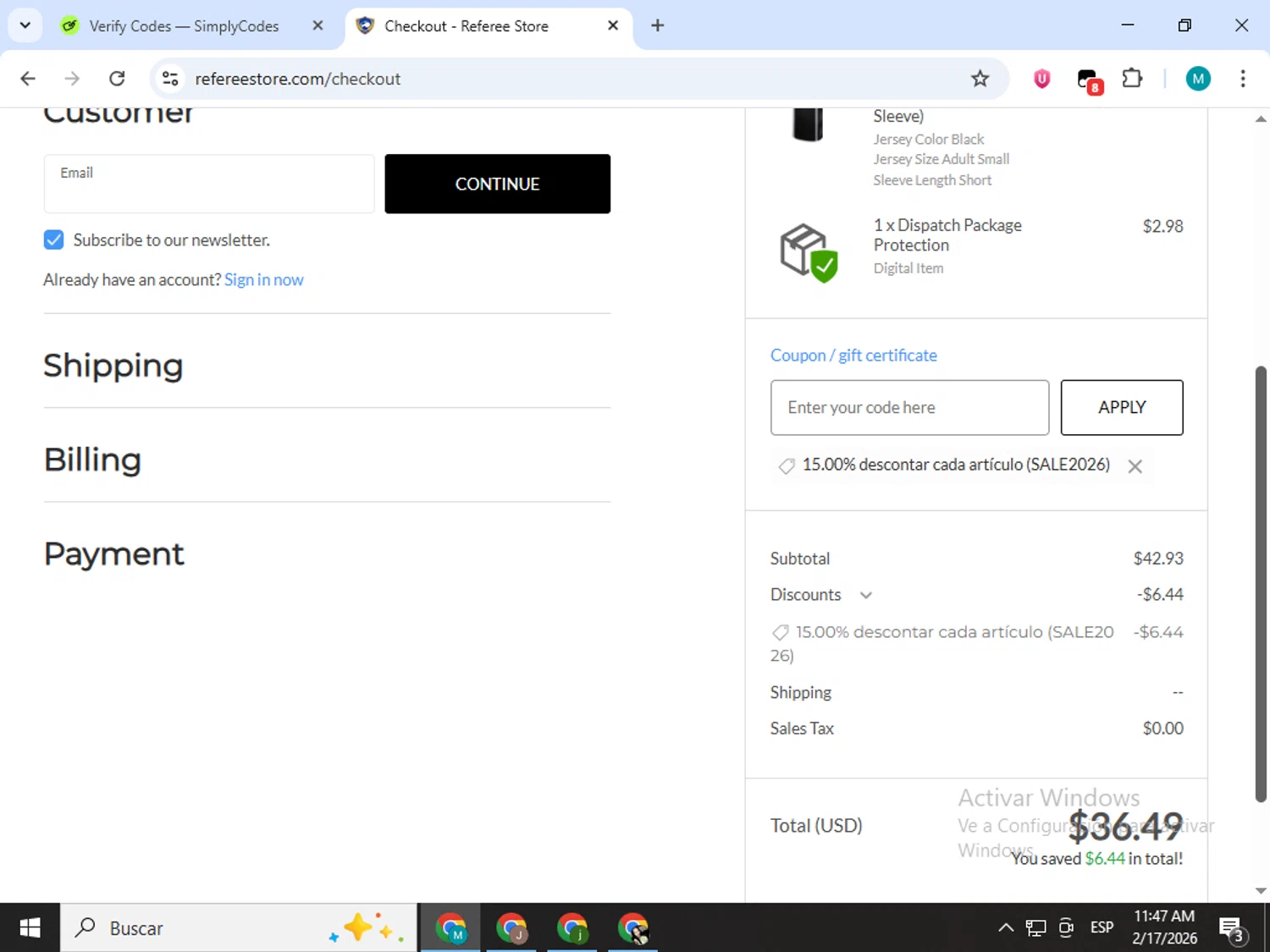 Referee Store checkout page showing Referee Store coupon code box | Screenshot taken by SimplyCodes community member on Feb 17, 2026