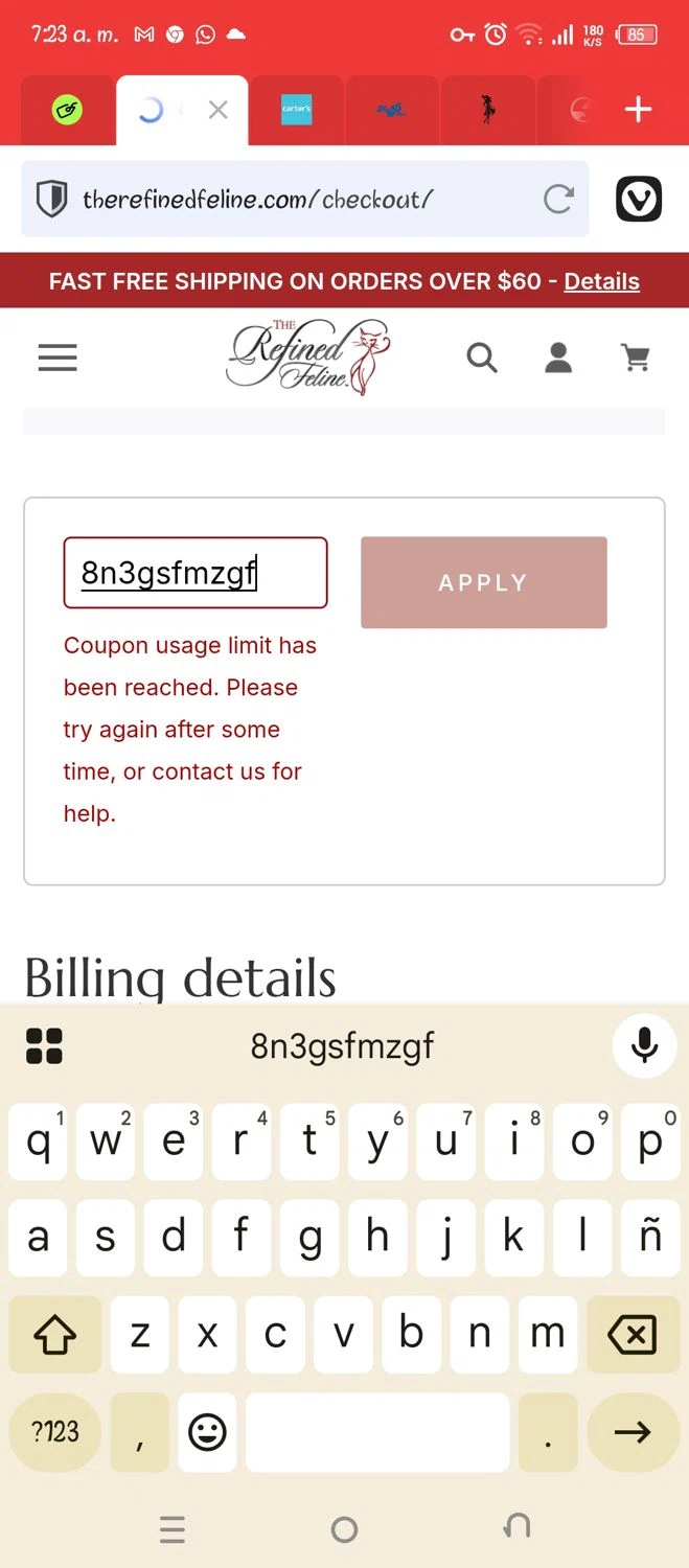 The Refined Feline coupon code screenshot showing code 8n3gsfmzgf applied at The Refined Feline checkout page. Uploaded by SimplyCodes community member PromoScholar5313 on May 2, 2025