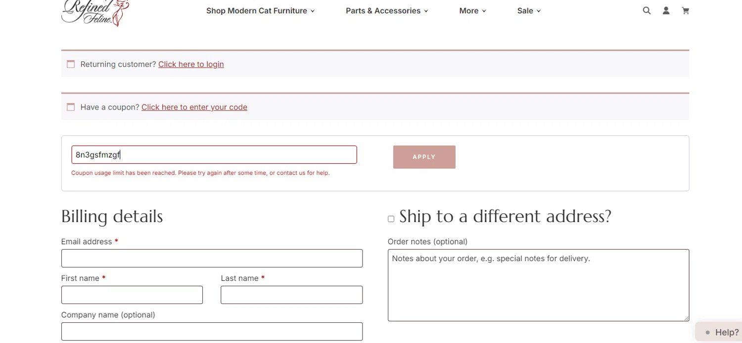 The Refined Feline coupon code screenshot showing code 8n3gsfmzgf applied at The Refined Feline checkout page. Uploaded by SimplyCodes community member eliannyjimenez on May 2, 2025