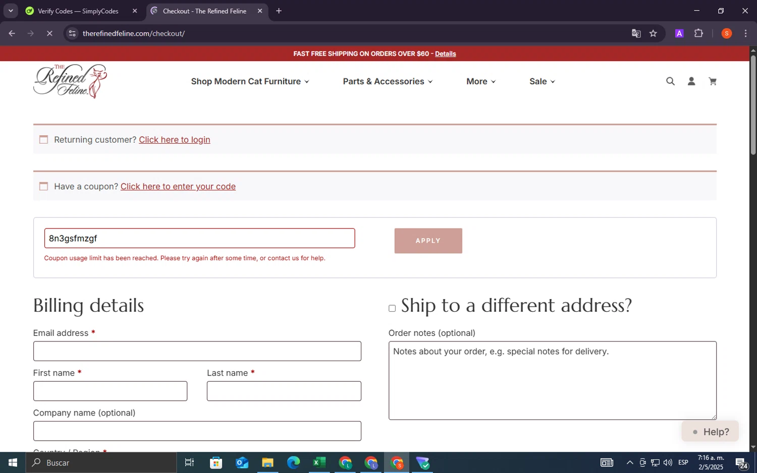 The Refined Feline coupon code screenshot showing code 8n3gsfmzgf applied at The Refined Feline checkout page. Uploaded by SimplyCodes community member lacrita_pirueta on May 2, 2025