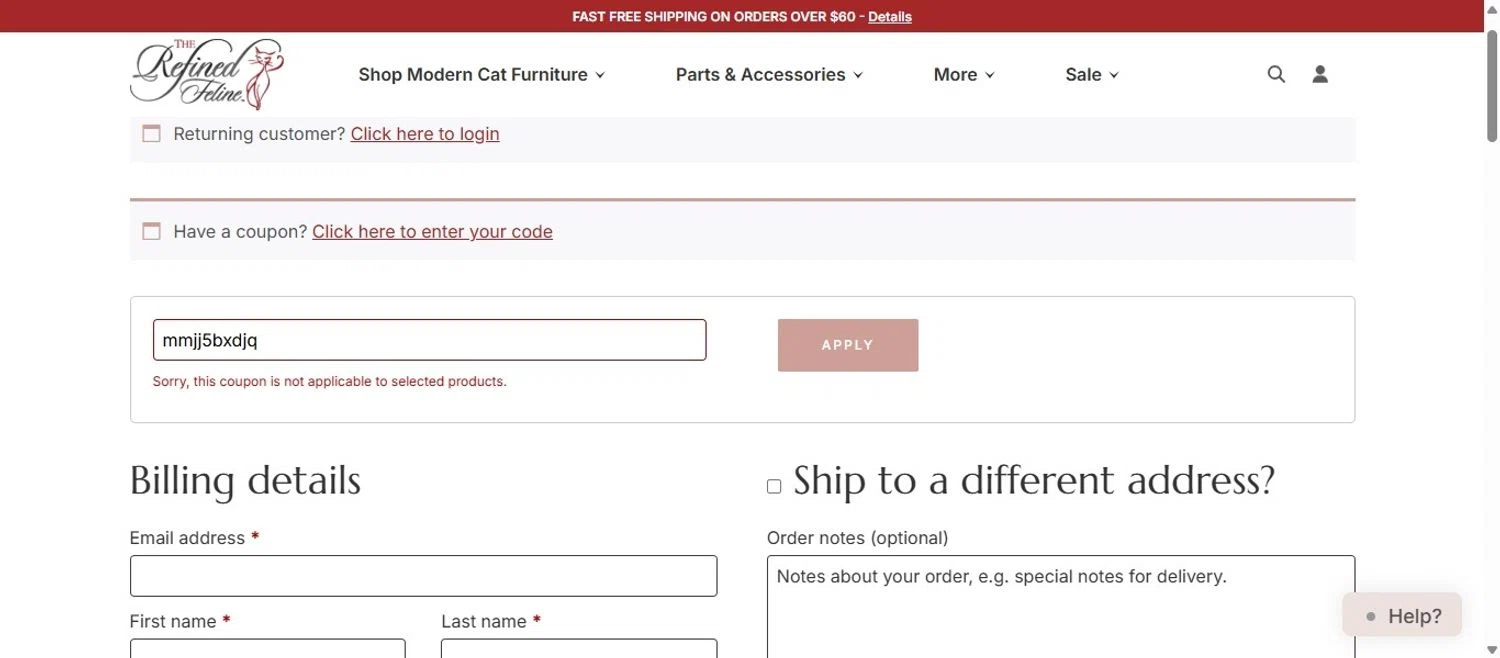 The Refined Feline coupon code screenshot showing code mmjj5bxdjq applied at The Refined Feline checkout page. Uploaded by SimplyCodes community member EpicVirtuoso478 on May 26, 2025