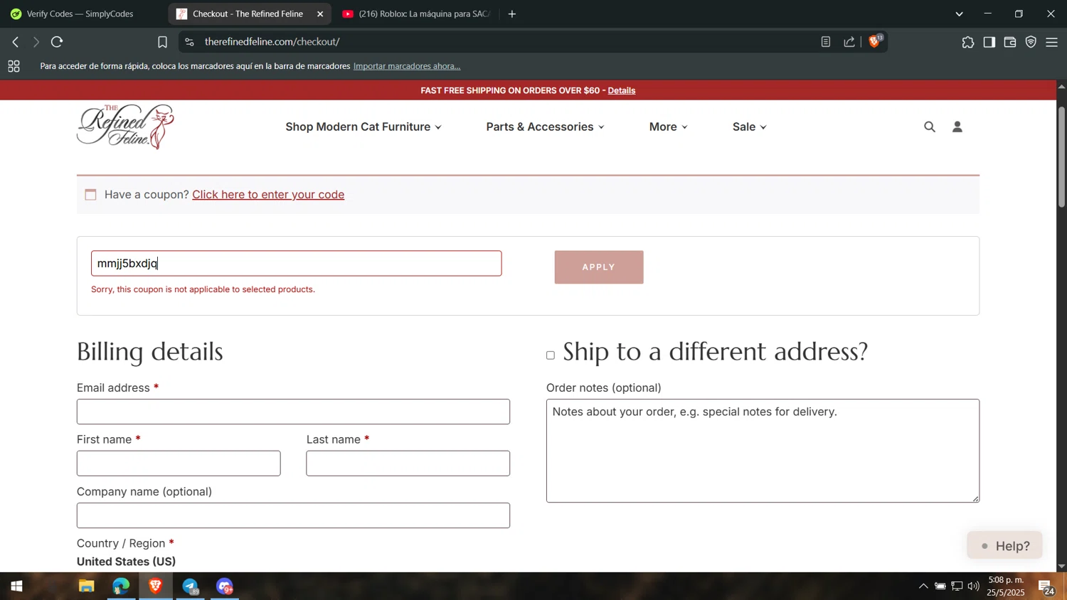 The Refined Feline coupon code screenshot showing code mmjj5bxdjq applied at The Refined Feline checkout page. Uploaded by SimplyCodes community member leonj9624 on May 25, 2025
