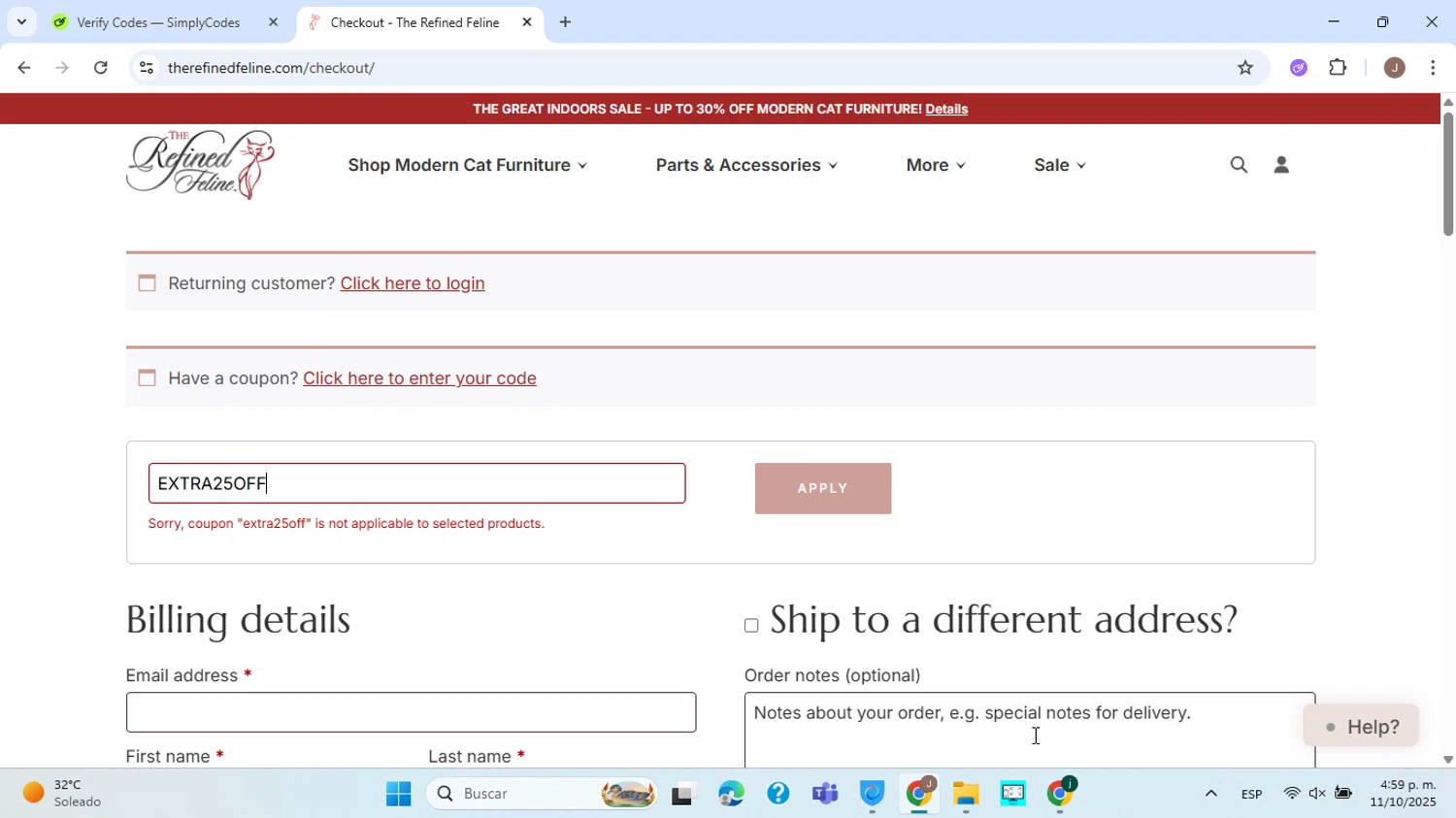 The Refined Feline coupon code screenshot showing code EXTRA25OFF applied at The Refined Feline checkout page. Uploaded by SimplyCodes community member ABHF23 on Oct 11, 2025