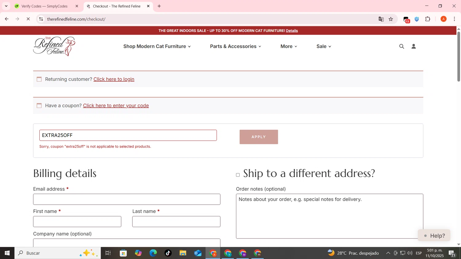 The Refined Feline coupon code screenshot showing code EXTRA25OFF applied at The Refined Feline checkout page. Uploaded by SimplyCodes community member FrugalSentinel6206 on Oct 11, 2025