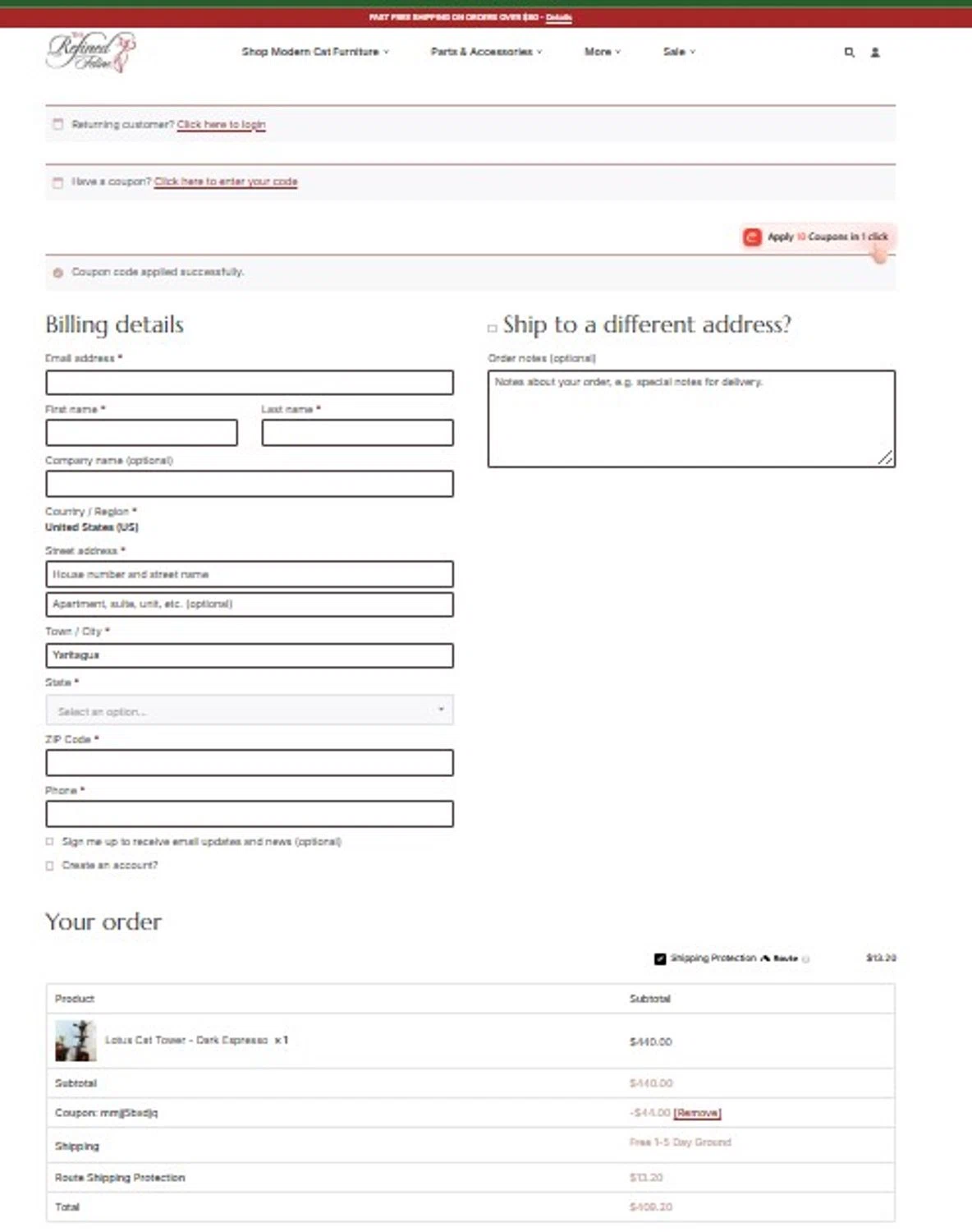 The Refined Feline coupon code screenshot showing code mmjj5bxdjq applied at The Refined Feline checkout page. Uploaded by SimplyCodes community member Honoriocolmenarez on May 14, 2025