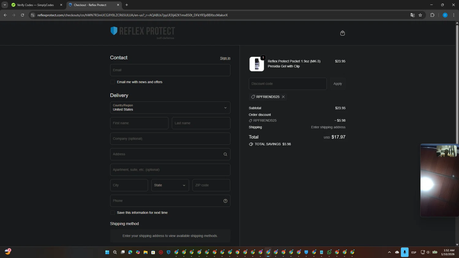 Reflex Protect promo code screenshot showing code RPFRIENDS25 applied at Reflex Protect checkout page. Uploaded by SimplyCodes community member CouponPhoenix3444 on Jan 10, 2026