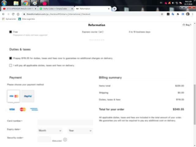 Reformation checkout page showing Reformation promo code box | Screenshot taken by SimplyCodes community member on Jul 21, 2020
