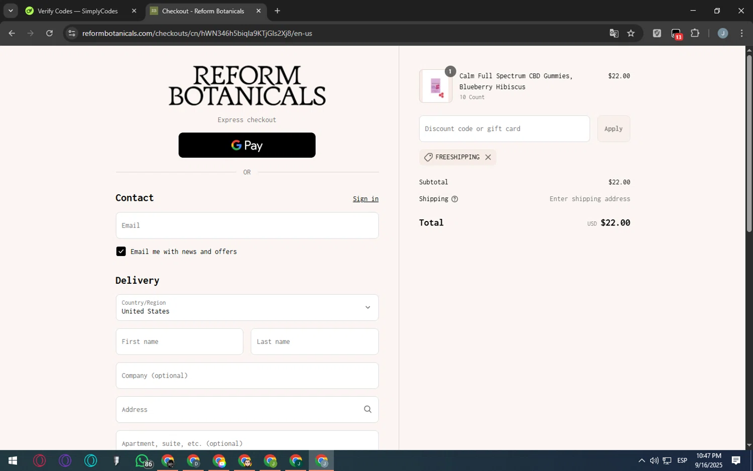 Reform Botanicals promo code screenshot showing code FREESHIPPING applied at Reform Botanicals checkout page. Uploaded by SimplyCodes community member MarkGrayson on Sep 17, 2025