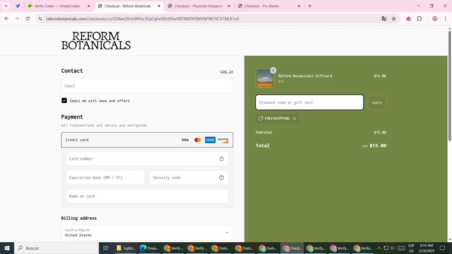 Reform Botanicals promo code screenshot showing code FREESHIPPING applied at Reform Botanicals checkout page. Uploaded by SimplyCodes community member CashNavigator4063 on Mar 24, 2025