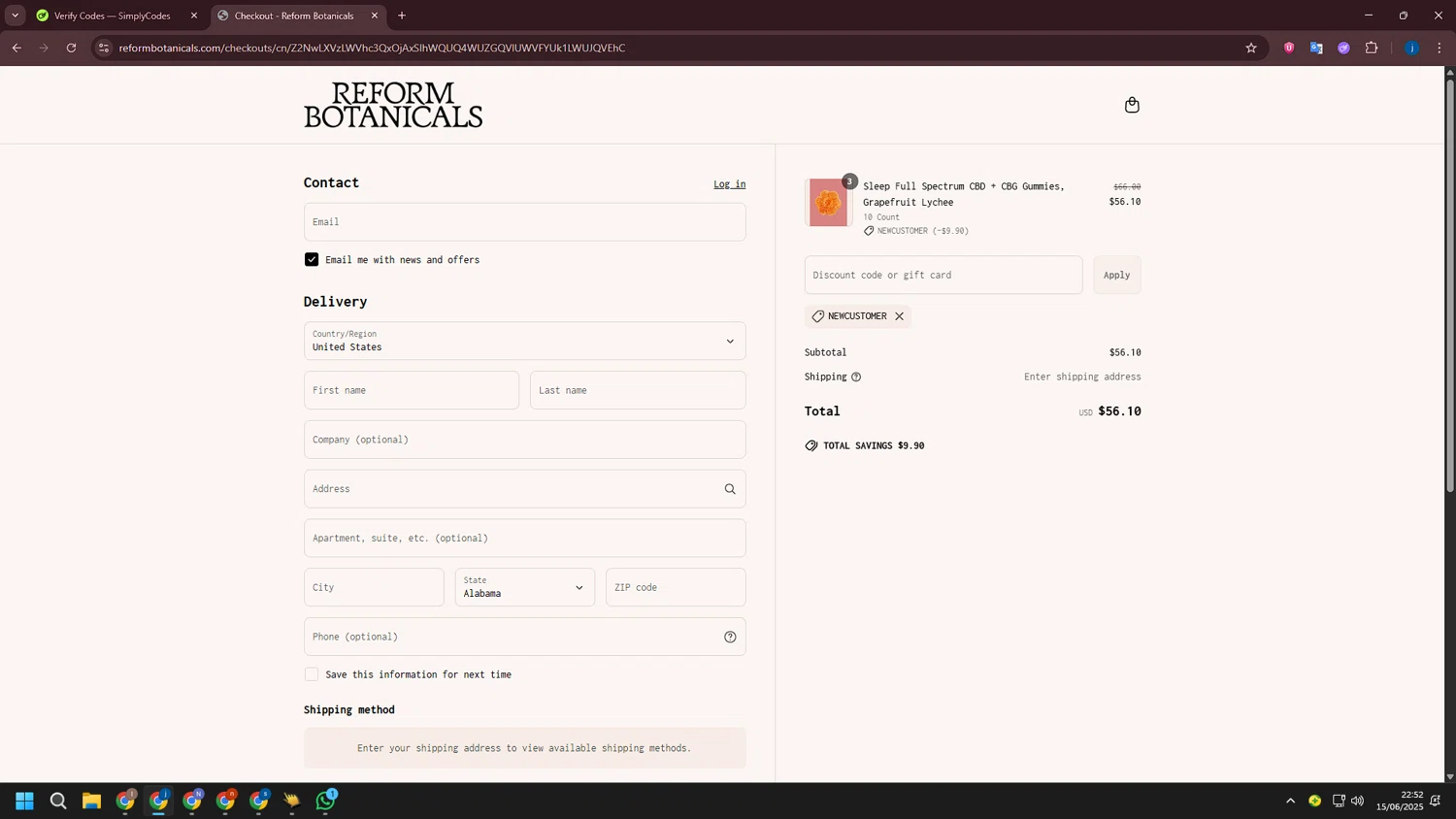 Reform Botanicals promo code screenshot showing code NEWCUSTOMER applied at Reform Botanicals checkout page. Uploaded by SimplyCodes community member CashLegend3767 on Jun 16, 2025